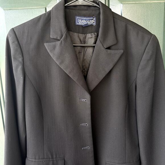 VINTAGE Harold's 100% Wool Sz 6 Black Blazer 4-Button Office Career Flattering - Picture 1 of 6